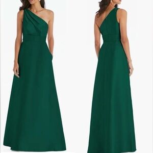 NWOT Alfred Sung Satin Twill One Shoulder A-line Pocket Gown Dress sz 4
